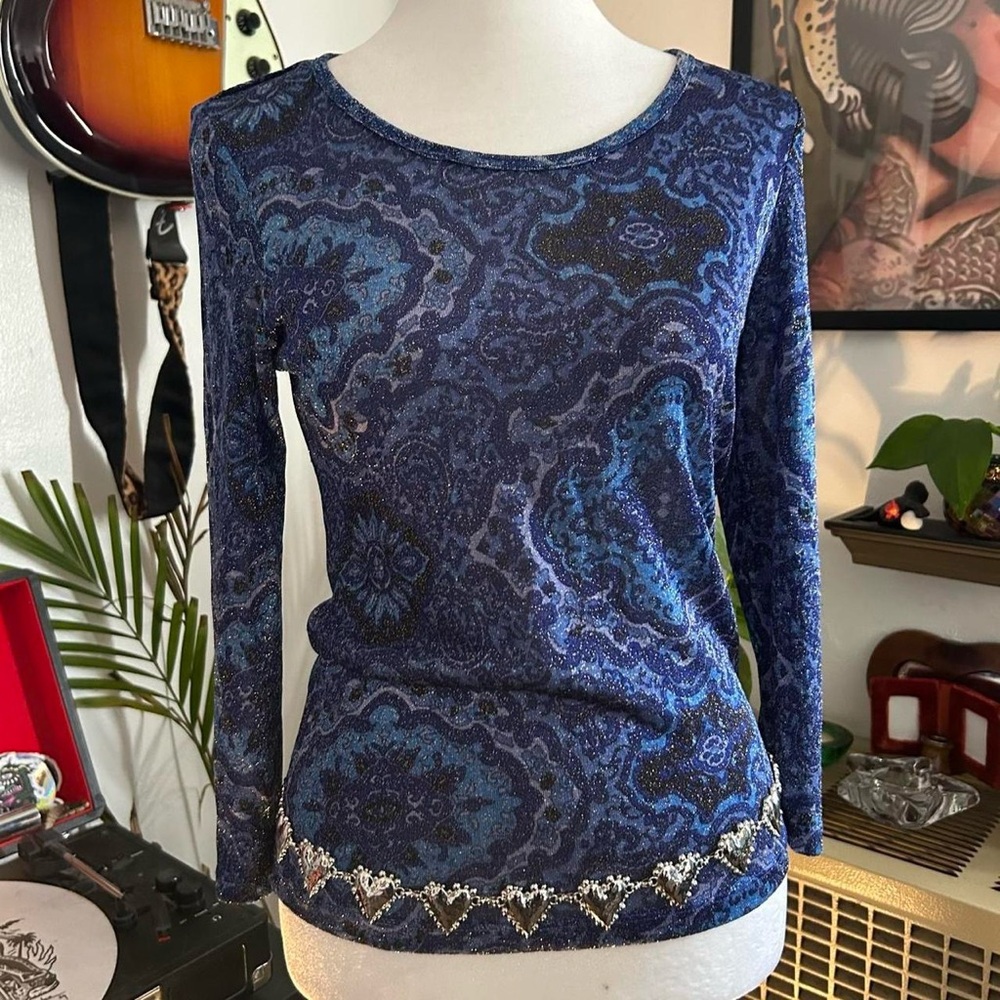 New York & Company Blue and Purple Paisley Long Sleeve Top